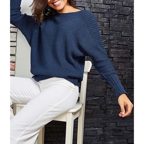 CCK Style Indigo Rib-Knit Wool-Blend Women Sweater - Picture 3 of 5